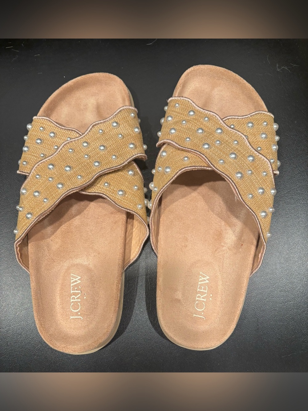 J. Crew Tan Pearl-Studded Crisscross Slide Sandals